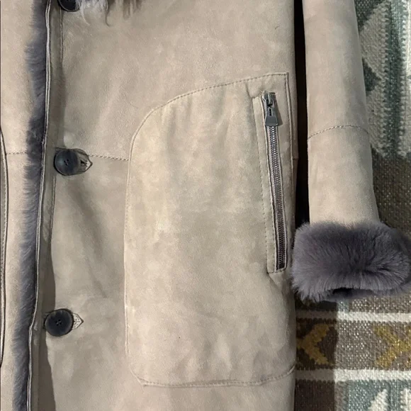 Taupe and gray reversible shearling coat by HISO.